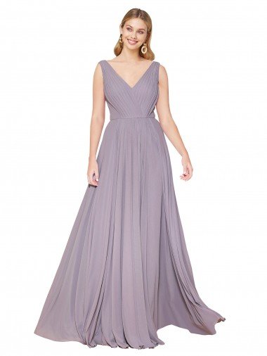 Shop Draped Floor Length High Neck V-Back Chiffon Evening Dress with Shirred Bodice