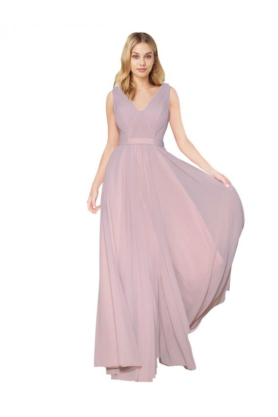 Shop Draped V-Neck Long Chiffon Evening Dress with Shirred Bodice