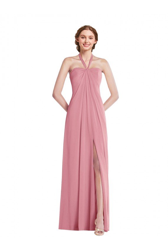 Shop Draped Chiffon Grecian Column Evening Dress with Front Slit