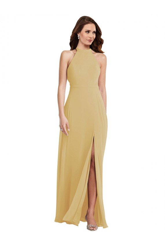 Shop Stand Collar Halter Evening Maxi Dress with Criss Cross Open Back