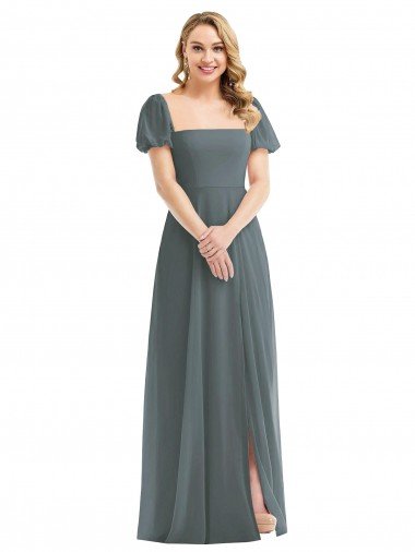 Shop Puff Sleeves Chiffon Evening Maxi Dress with Front Slit