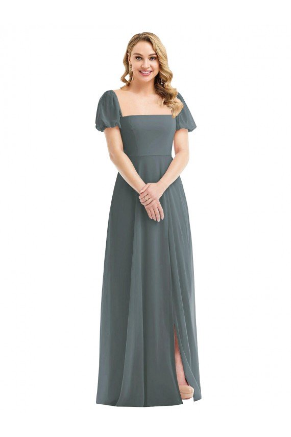 Shop Puff Sleeves Chiffon Evening Maxi Dress with Front Slit