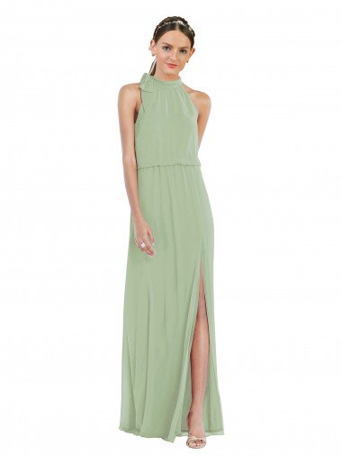 Shop High Neck Scarf Tie Blouson Bodice Evening Maxi Dress with Front Slit