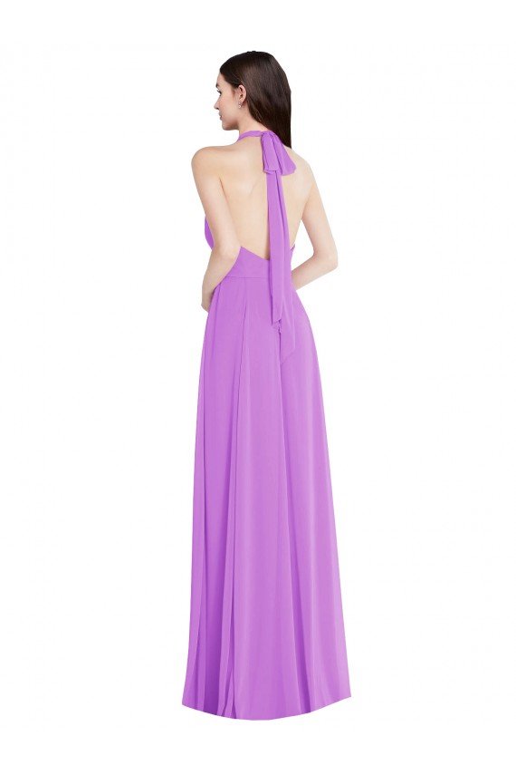 Shop Halter Backless Evening Maxi Dress with Button Ruffle Placket