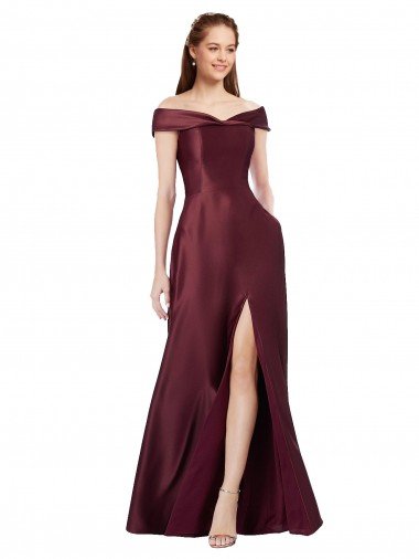 Shop Long Off the Shoulder Satin Evening Dress with Thigh-high Slit