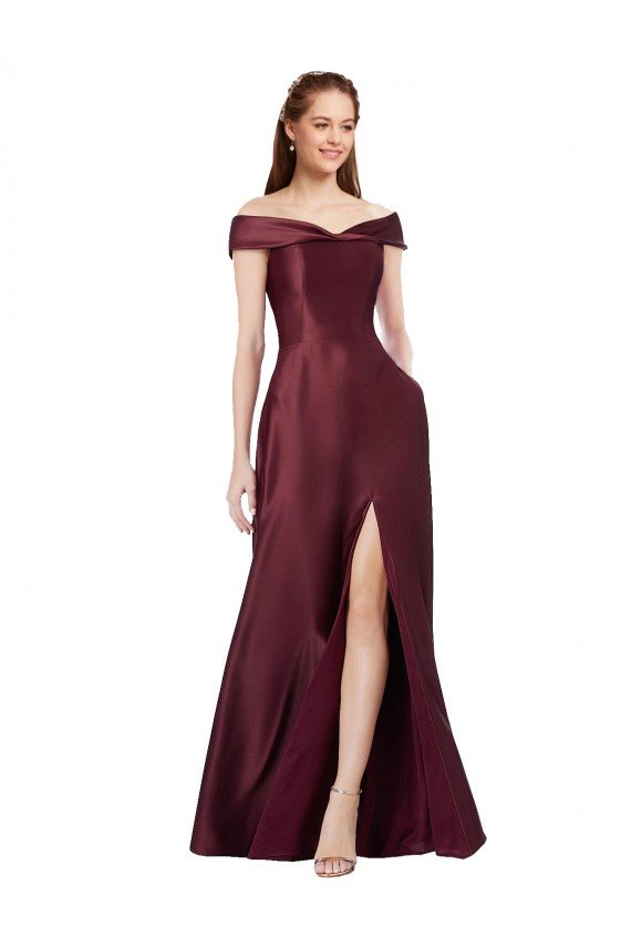 Shop Long Off the Shoulder Satin Evening Dress with Thigh-high Slit
