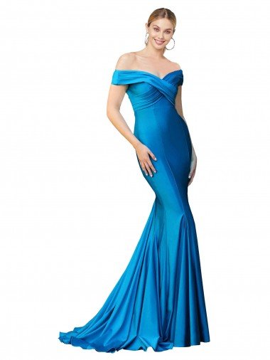 Shop Off the Shoulder Long Chapel Train Satin Evening Dress