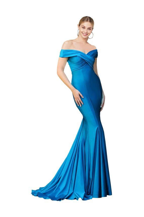 Shop Off the Shoulder Long Chapel Train Satin Evening Dress