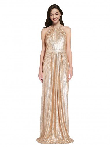 Shop Floor Length Halter Neck Sparkling Sequin Evening Dress with Pleats