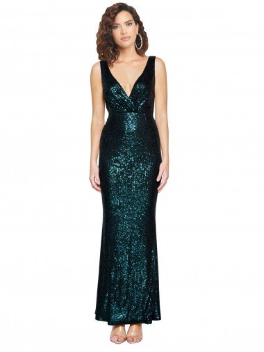 Shop V-Neck Full Length Sequin Evening Dress with Draped Back