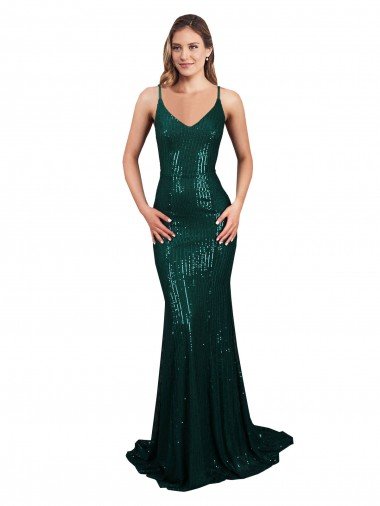 Shop Fishtail Shaped V-Neck Open Back Long Sequin Evening Dress