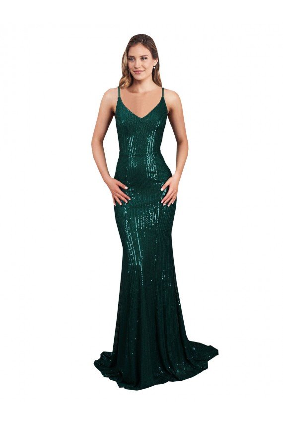 Shop Fishtail Shaped V-Neck Open Back Long Sequin Evening Dress