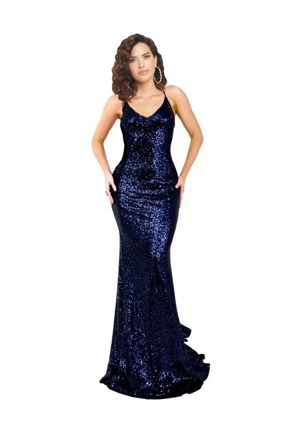 Shop Mermaid V-Neck Low Back Long Sequin Evening Dress