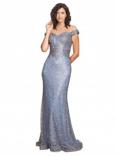 Shop Off the Shoulder Sweetheart Neckline Sequin Evening Dress with Thigh High Slit