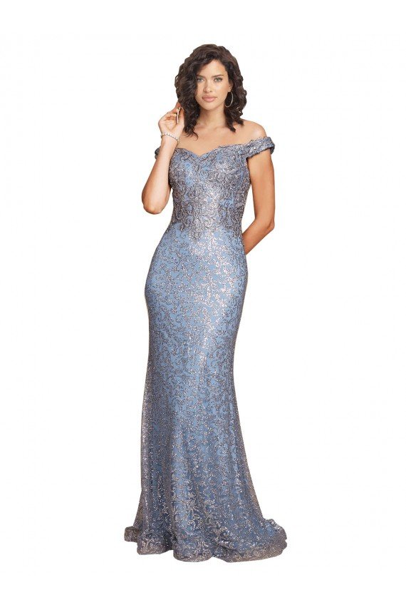 Shop Off the Shoulder Sweetheart Neckline Sequin Evening Dress with Thigh High Slit