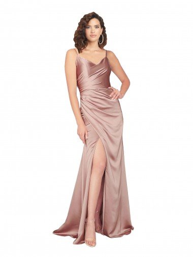 Shop Floor Length Silky Satin Evening Dress with Front Skirt Slit