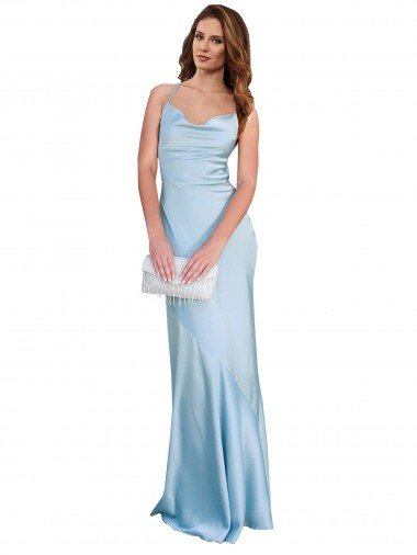 Shop Open Back with Ties Cowl Neck Sheath Silky Satin Long Bridessmaid Dress