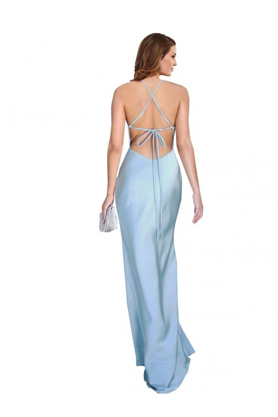 Shop Open Back with Ties Cowl Neck Sheath Silky Satin Long Bridessmaid Dress