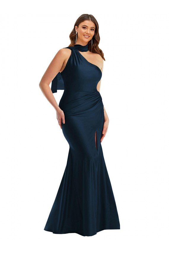 Shop Scarf Neck One Shoulder Silky Satin Mermaid Evening Dress with Front Slit
