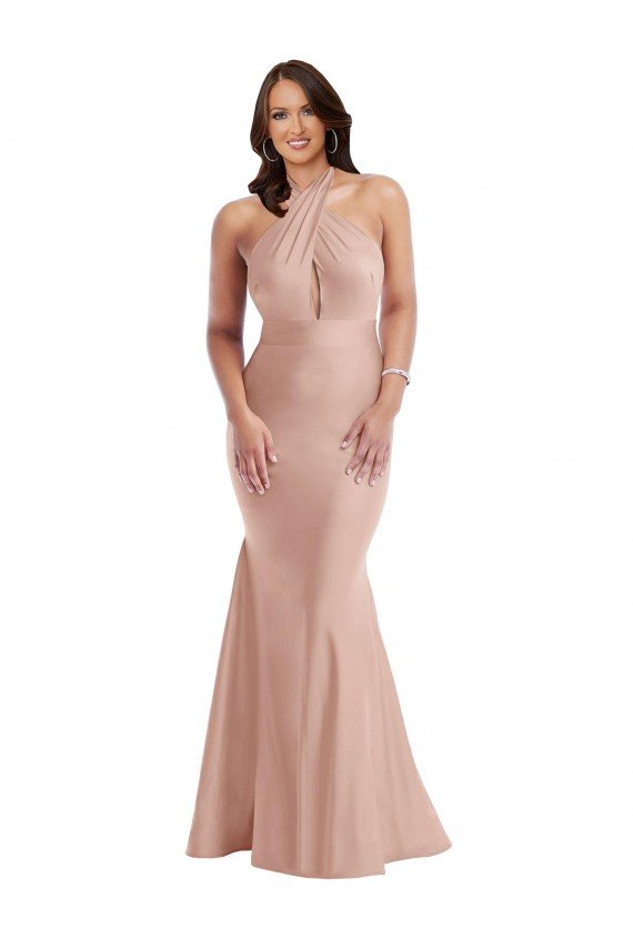 Shop Criss Cross Halter Open Back Silky Satin Mermaid Evening Dress