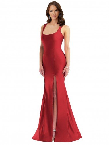 Shop Square Neck Silky Satin Mermaid Evening Dress with Side Slit