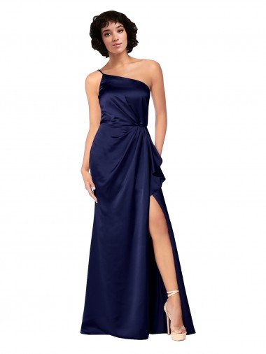 Shop One Shoulder Silky Satin Evening Dress with Skirt Slit