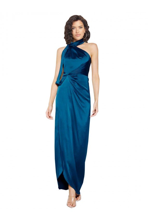 Shop High Halter Neck Silky Satin Evening Dress with Sash Overlay and Side Split