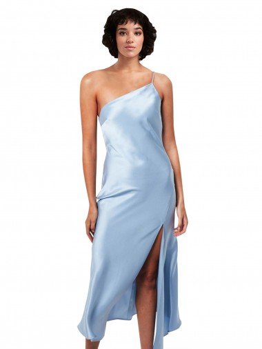 Shop Midi Length Short Silky Satin Cocktail Evening Dress with Asymmetric Neckline and High Side Split