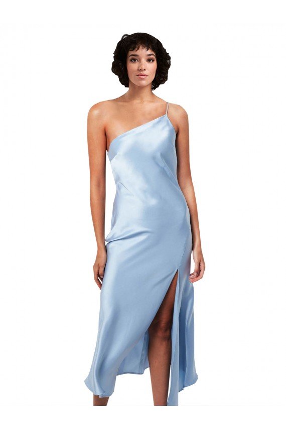Shop Midi Length Short Silky Satin Cocktail Evening Dress with Asymmetric Neckline and High Side Split