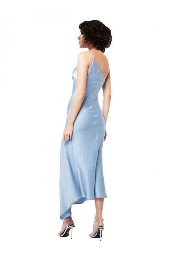 Shop Midi Length Short Silky Satin Cocktail Evening Dress with Asymmetric Neckline and High Side Split