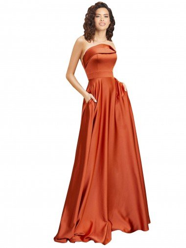Shop Strapless Sweep Train Silky Satin Evening Dress with Pleats