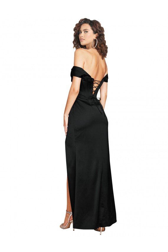 Shop Fitted Sweetheart Neckline Silky Satin Evening Dress with Off the Shoulder Sleeves and High Slit