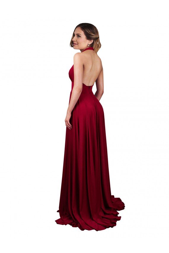 Shop A-Line Halter Plunge V-Neckline Open Back Spandex Evening Dress with Slit
