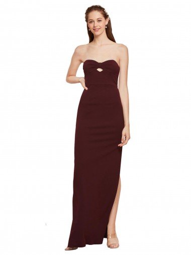 Shop Twisted Strapless Keyhole Long Crepe Evening Dress with Slit