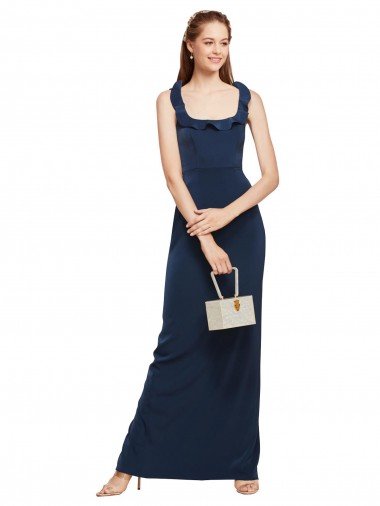 Shop Scoop Neck with Ruffles Long Crepe Evening Dress with Back Slit