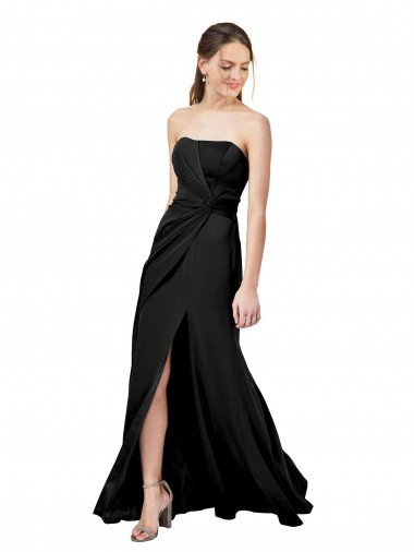 Shop Strapless Fit and Flare Long Crepe Evening Dress with Knot and Slit