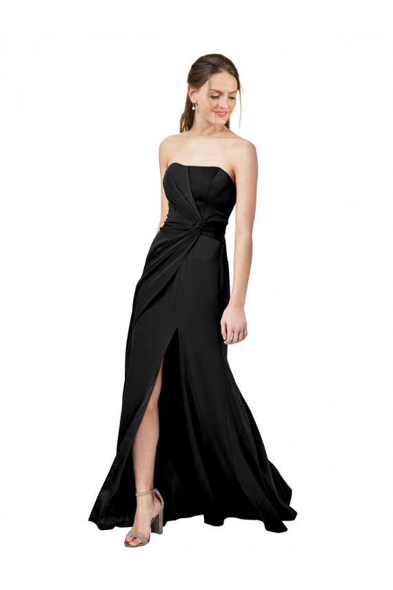 Shop Strapless Fit and Flare Long Crepe Evening Dress with Knot and Slit
