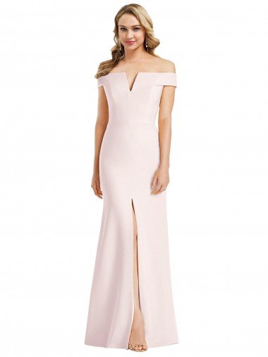 Shop Off the Shoulder Notch Trumpet Crepe Evening Dress with Front Slit