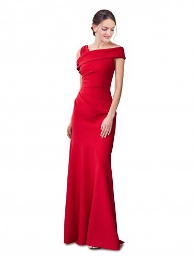 Shop Sleeveless Ruched Crepe Mermaid Evening Dress with Off The Shoulder Detail