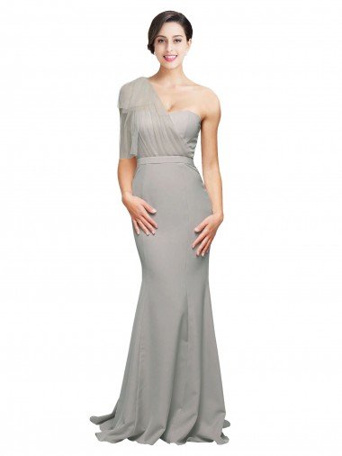 Shop Long Sweep Train Sweetheart Crepe Evening Dress with Tulle One Shoulder