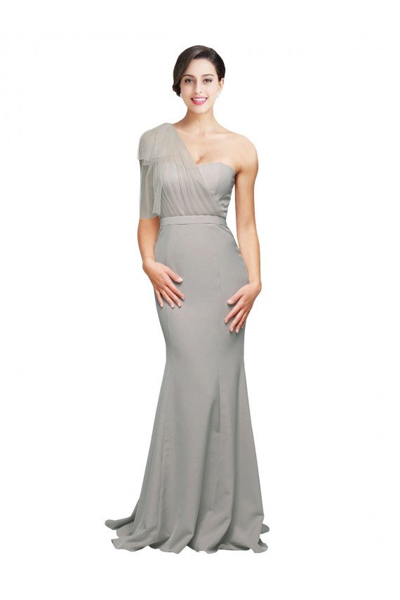 Shop Long Sweep Train Sweetheart Crepe Evening Dress with Tulle One Shoulder