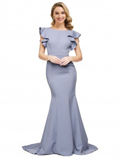 Shop Flutter Sleeves Low V-Back High Round Neck Crepe Evening Dress