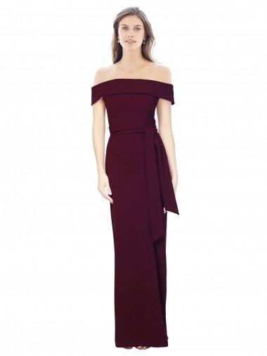 Shop Off the Shoulder Long Crepe Evening Dress with Waist Tie