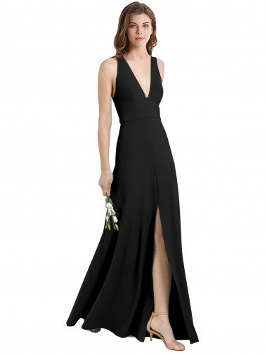 Shop Sleek Halter V-Neck Long A-Line Stretch Crepe Evening Dress with Front Slit