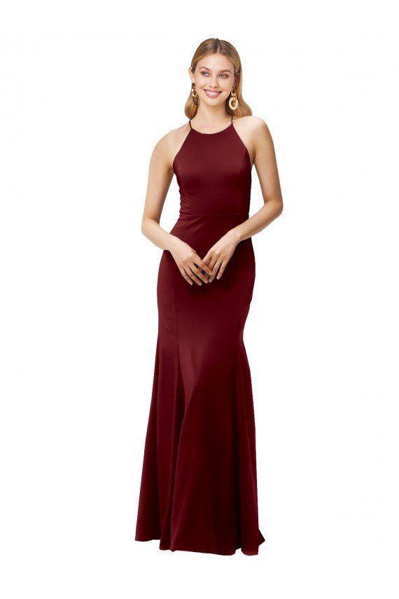 Shop Fit and Flare Halter Neckline Stretch Crepe Evening Dress with Strappy Back