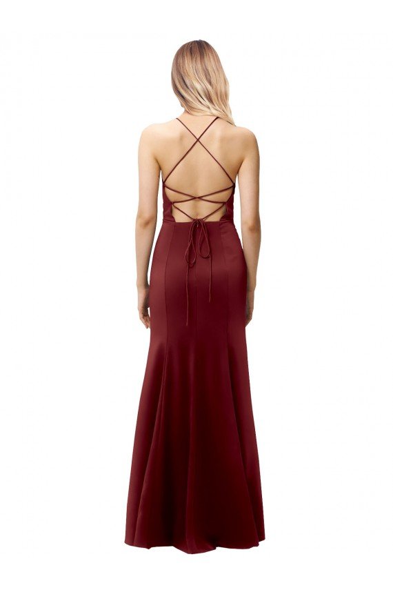Shop Fit and Flare Halter Neckline Stretch Crepe Evening Dress with Strappy Back