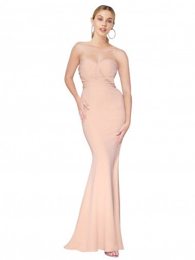 Shop Sweetheart Shirred Neck Long Floor Length Crepe Evening Dress