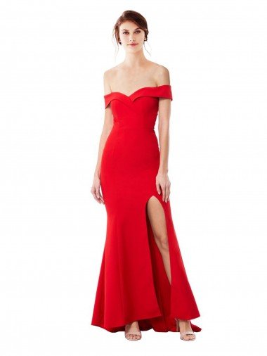 Shop Off the Shoulder Sweetheart Maxi Crepe Evening Dress With Thigh Split and Train