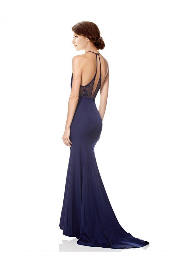 Shop High Neck Fishtail Crepe Evening Dress with Open Back Detail