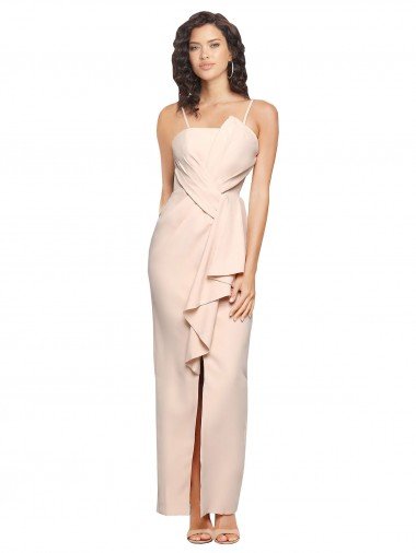 Shop Long Full Length Ruffles Strapless Low Back Crepe Evening Dress with Straps